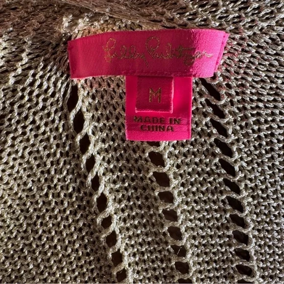 Lilly Pulitzer Gold Metallic Open Cardigan Pockets Lightweight Size M - Picture 10 of 10